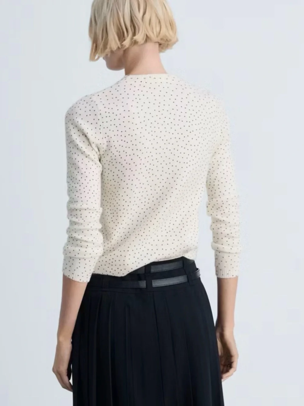 MANGO Cream Polka Dot Knit Sweater XS Soft Lightweight Crew Neck - Picture 3 of 10